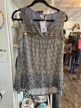 Akemi + Kin Sequin Yoke Printed Sleeveless Tank Top - Blue
